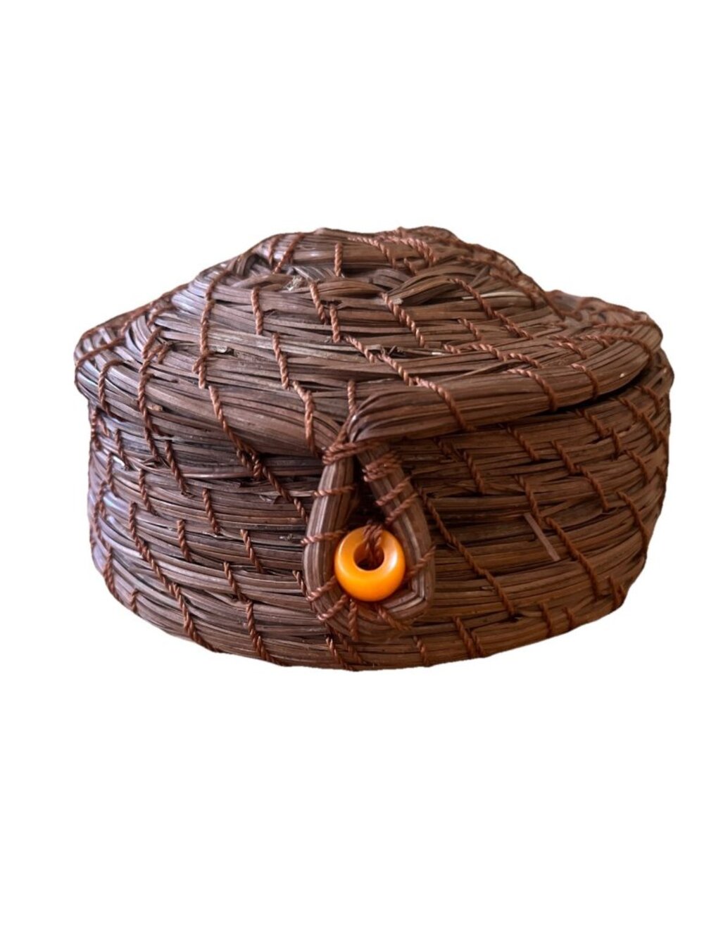 Vintage Pine Needle Coiled Basket With Lid 4x2.5 Inch Excellent Condition